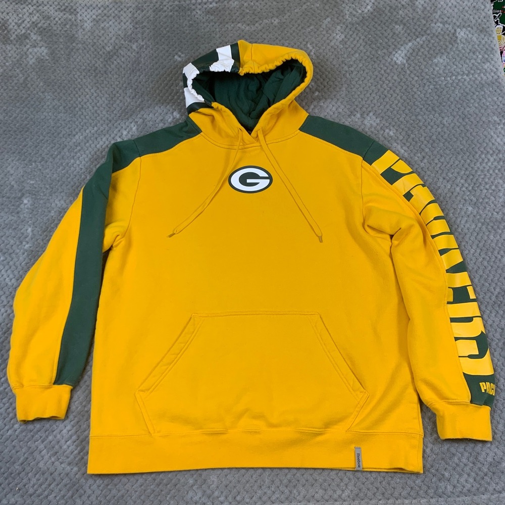 Reebok NFL Packers Hoodie Mens L Yellow Green Big Logo Sleeve Graphic Y2K